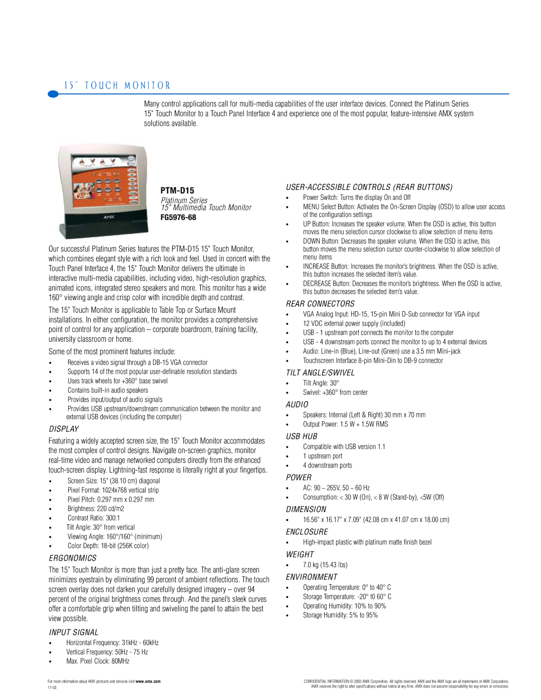 AMX PTM-D15 manual O U C H M O N I T O R, FG5976-68 