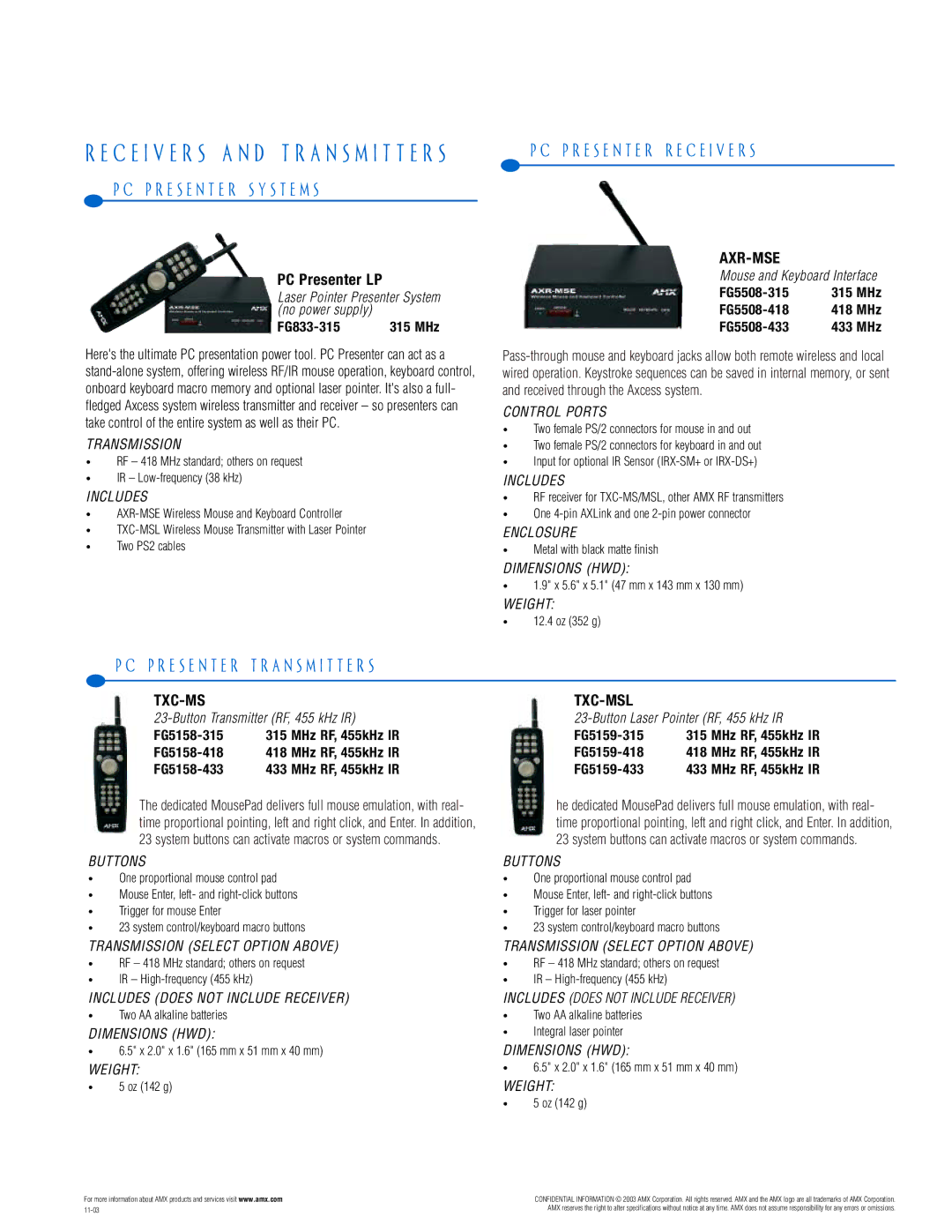 AMX PTM-D15 manual P R E S E N T E R R E C E I V E R S, P R E S E N T E R T R a N S M I T T E R S, Axr-Mse, Txc-Msl 