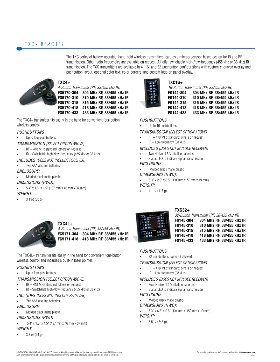 AMX PTM-D15 manual C + R E M O T E S, TXC4+, TXC16+, TXC4L+, TXC32+ 