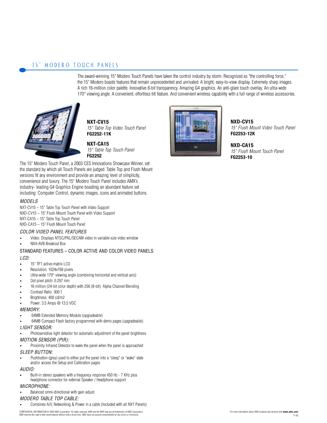 AMX PTM-D15 manual O D E R O T O U C H P a N E L S, NXT-CV15, NXT-CA15, NXD-CV15, NXD-CA15 