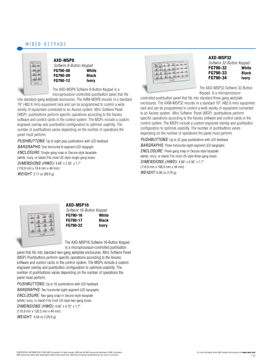 AMX PTM-D15 manual R E D K E Y P a D S, AXD-MSP8, AXD-MSP32, FG790-32 White FG790-33 Black FG790-34 Ivory, AXD-MSP16 