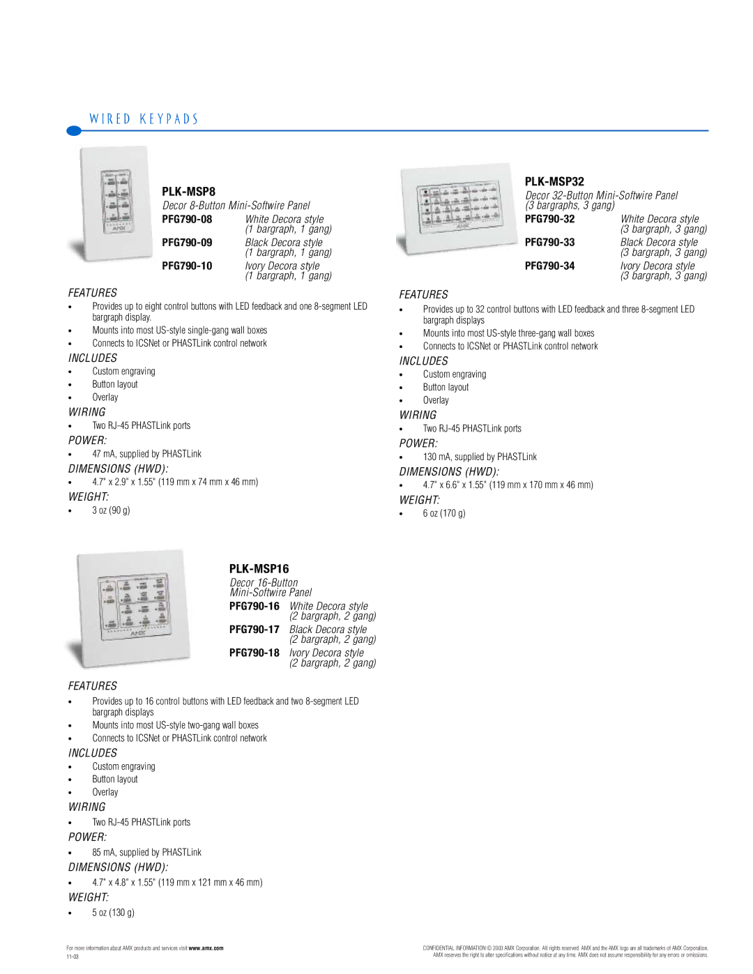 AMX PTM-D15 manual PLK-MSP8, PLK-MSP32, PLK-MSP16 