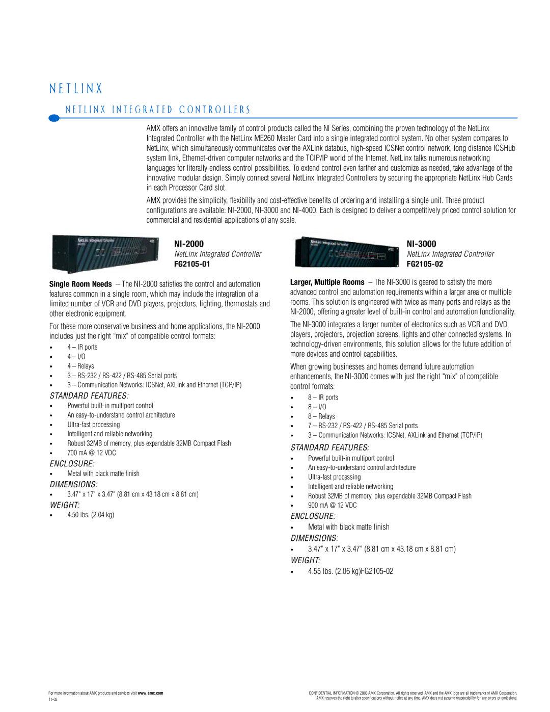 AMX PTM-D15 manual T L I N X I N T E G R a T E D C O N T R O L L E R S, NI-2000, NI-3000, FG2105-01, FG2105-02 