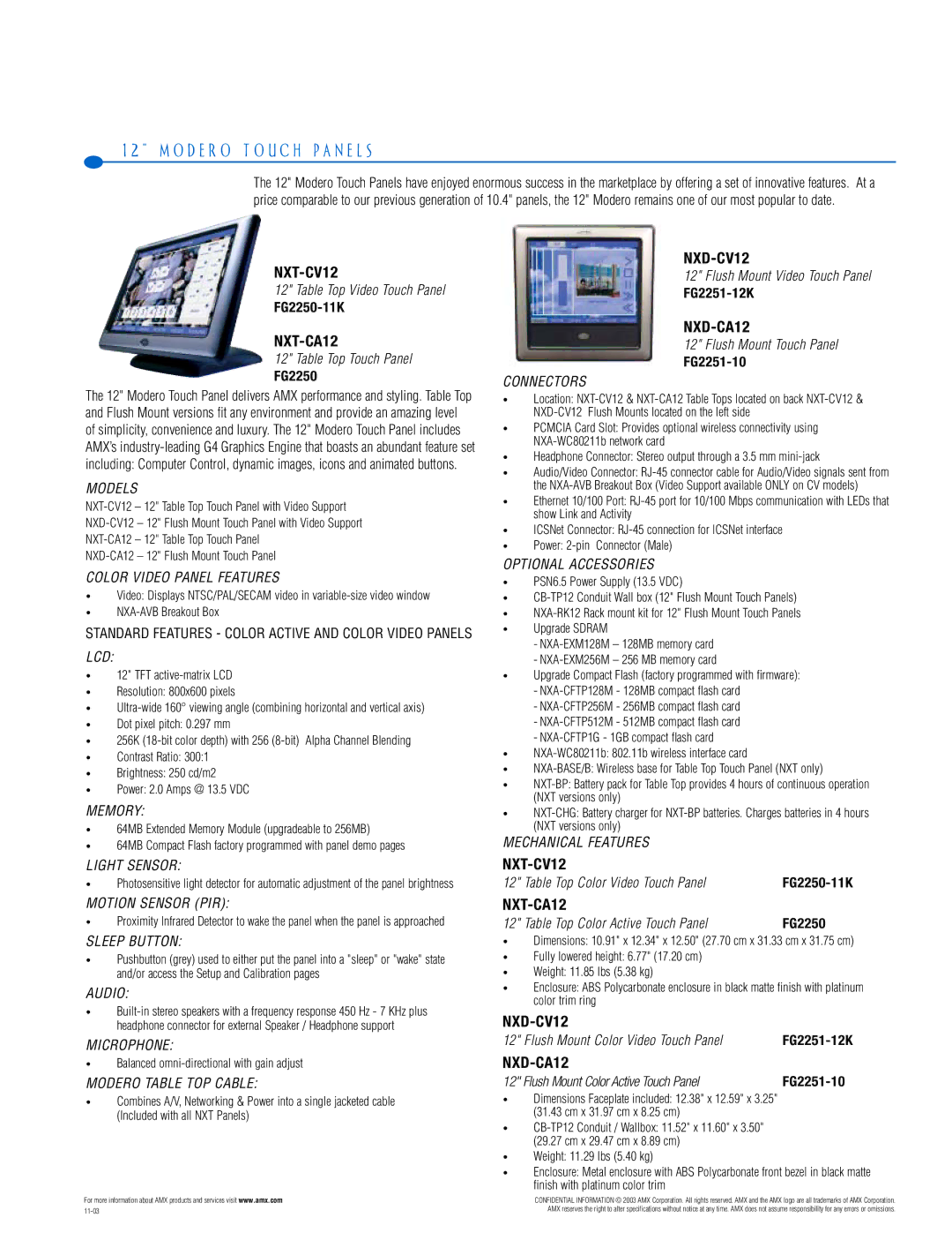 AMX PTM-D15 manual NXT-CV12, NXT-CA12, NXD-CV12, NXD-CA12 