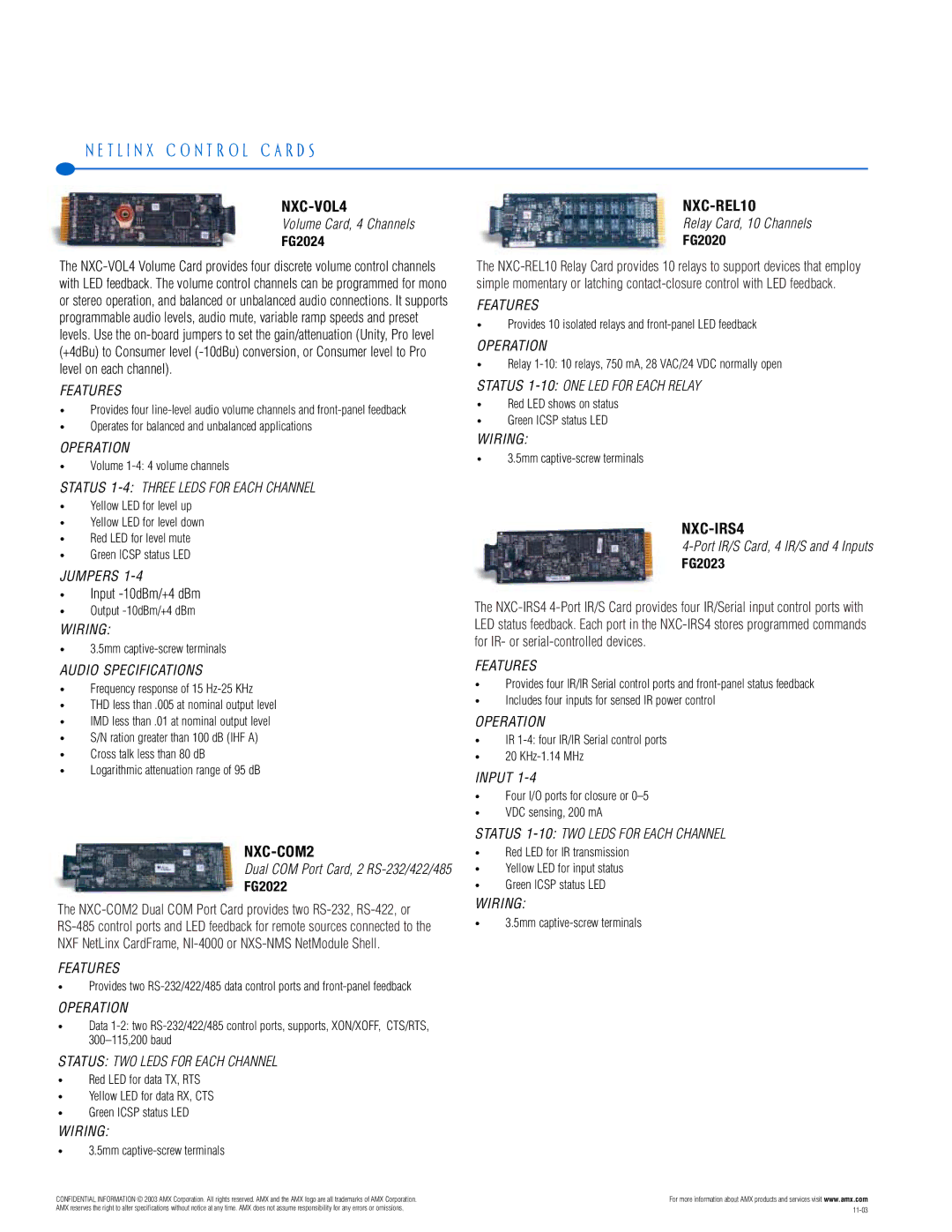 AMX PTM-D15 manual NXC-VOL4, NXC-COM2, NXC-REL10, NXC-IRS4 