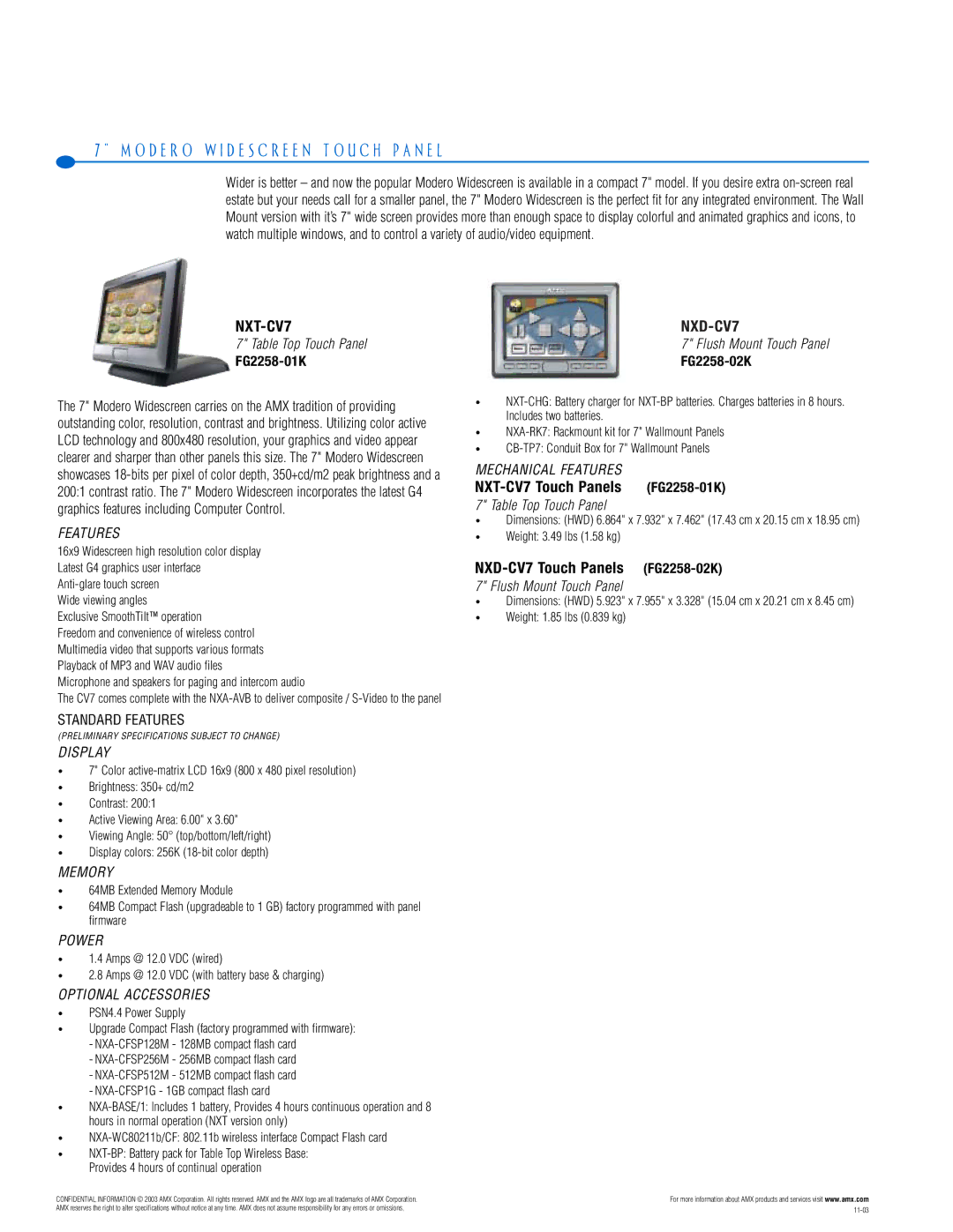 AMX PTM-D15 manual O D E R O W I D E S C R E E N T O U C H P a N E L, NXT-CV7 Touch Panels FG2258-01K 