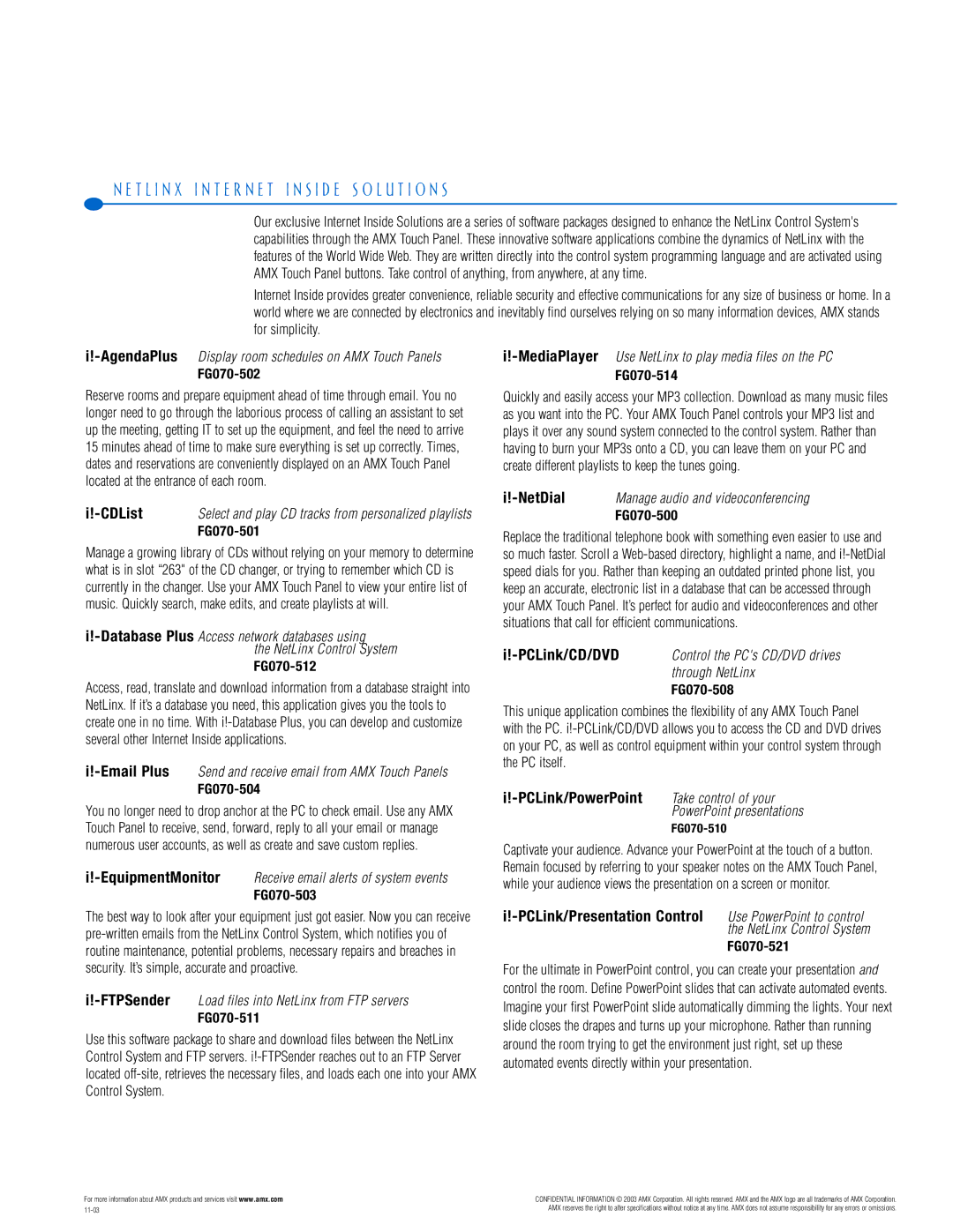 AMX PTM-D15 manual T L I N X I N T E R N E T I N S I D E S O L U T I O N S, PCLink/Presentation Control 