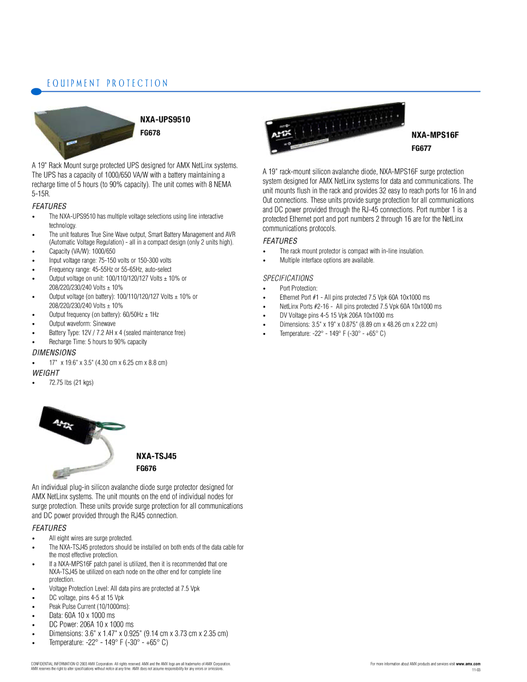 AMX PTM-D15 manual U I P M E N T P R O T E C T I O N, NXA-UPS9510, NXA-MPS16F, NXA-TSJ45 