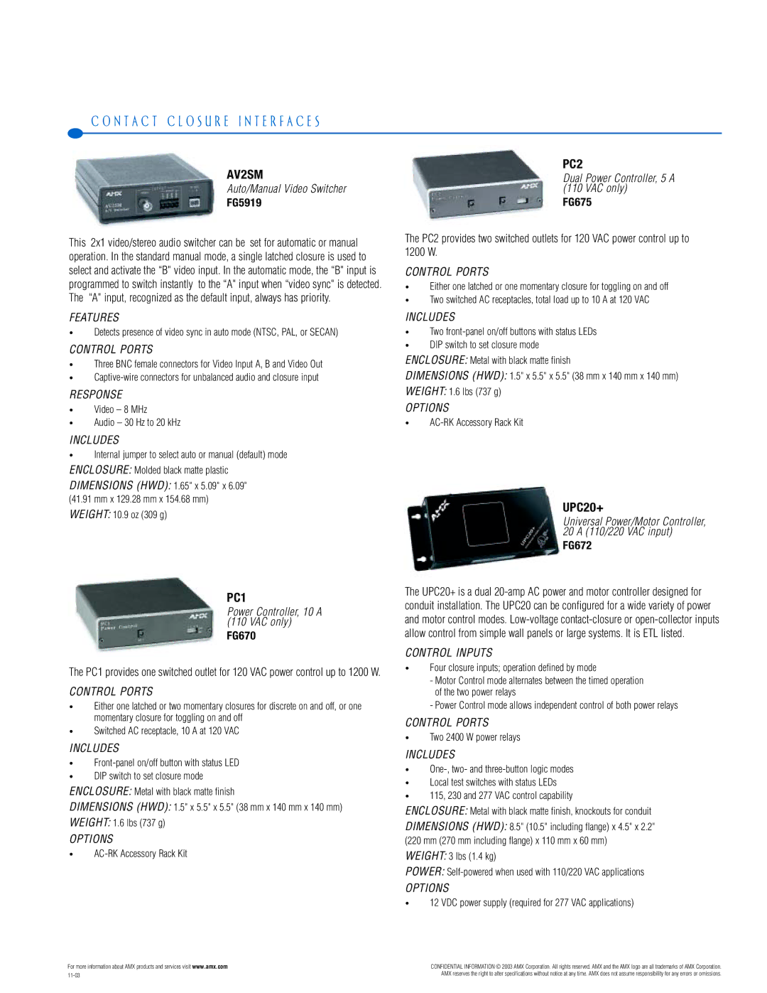 AMX PTM-D15 manual N T a C T C L O S U R E I N T E R F a C E S, AV2SM, PC1, UPC20+ 