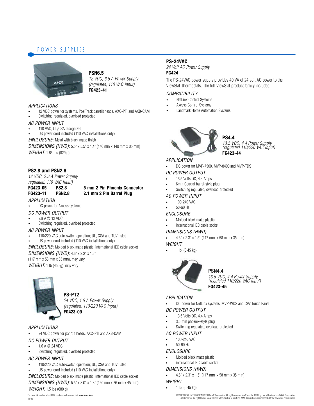 AMX PTM-D15 manual PSN6.5, PS2.8 and PSN2.8, PS-PT2, PS-24VAC 