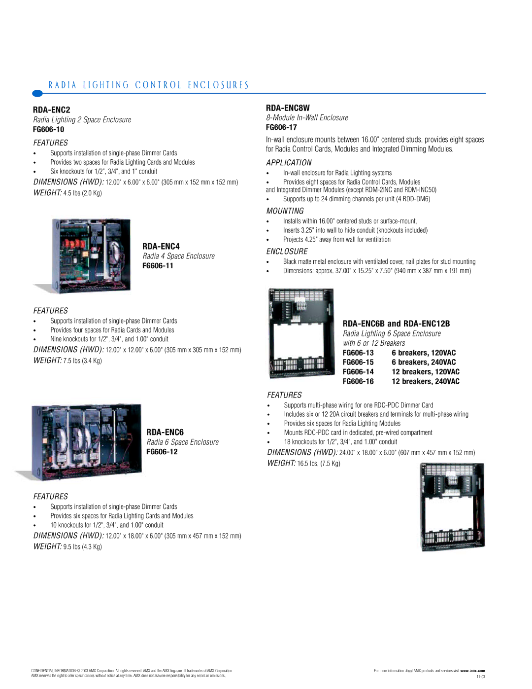 AMX PTM-D15 manual D I a L I G H T I N G C O N T R O L E N C L O S U R E S, RDA-ENC2, RDA-ENC4, RDA-ENC6, RDA-ENC8W 