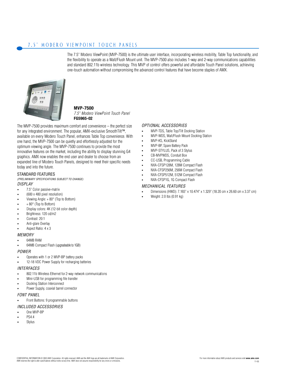 AMX PTM-D15 manual MVP-7500, Font Panel, Front Buttons 9 programmable buttons, One MVP-BP PS4.4 Stylus 