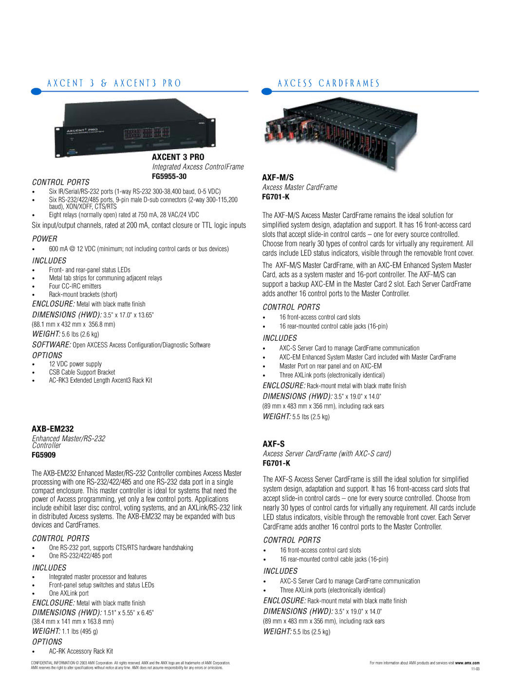 AMX PTM-D15 manual C E S S C a R D F R a M E S, Axcent 3 PRO, AXB-EM232, Axf-M/S, Axf-S 