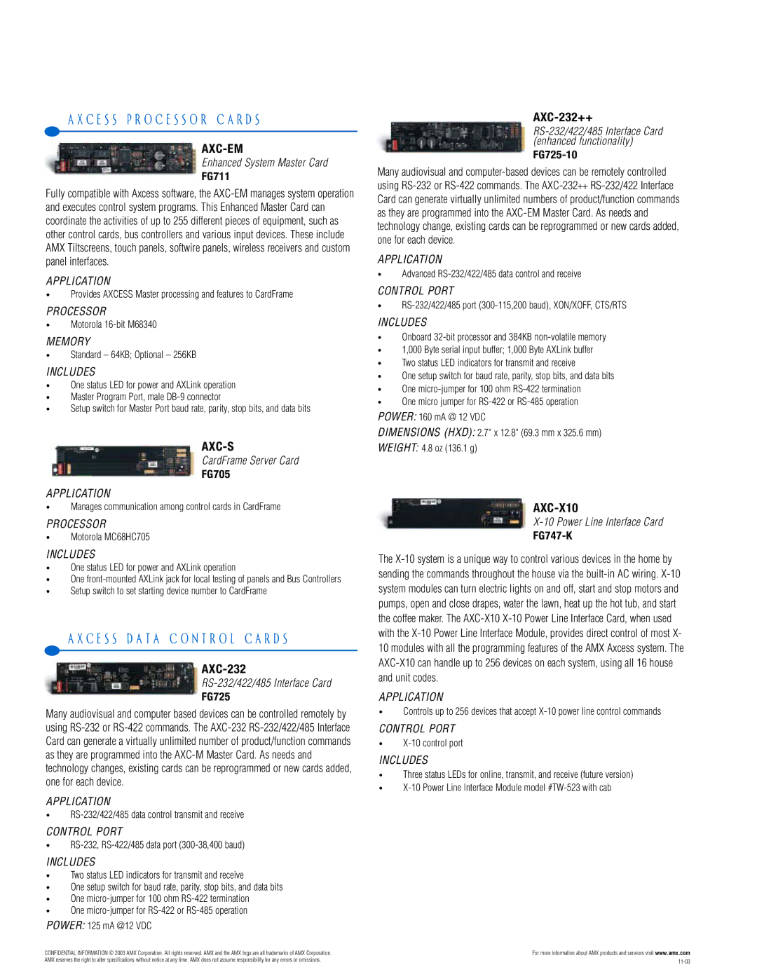 AMX PTM-D15 manual C E S S P R O C E S S O R C a R D S, C E S S D a T a C O N T R O L C a R D S, Axc-Em, Axc-S, AXC-X10 