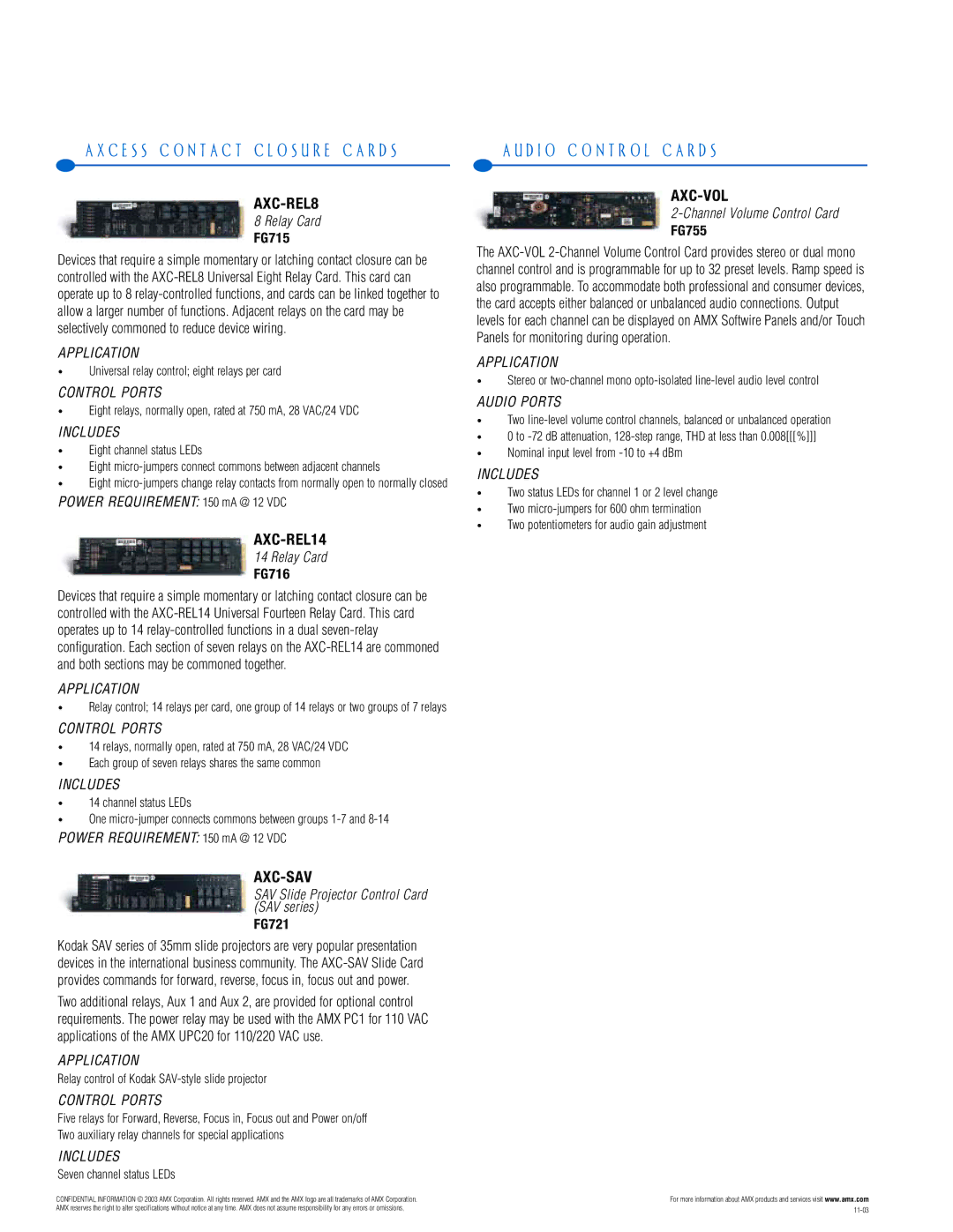 AMX PTM-D15 manual D I O C O N T R O L C a R D S, AXC-REL8, AXC-REL14, Axc-Sav, Axc-Vol 