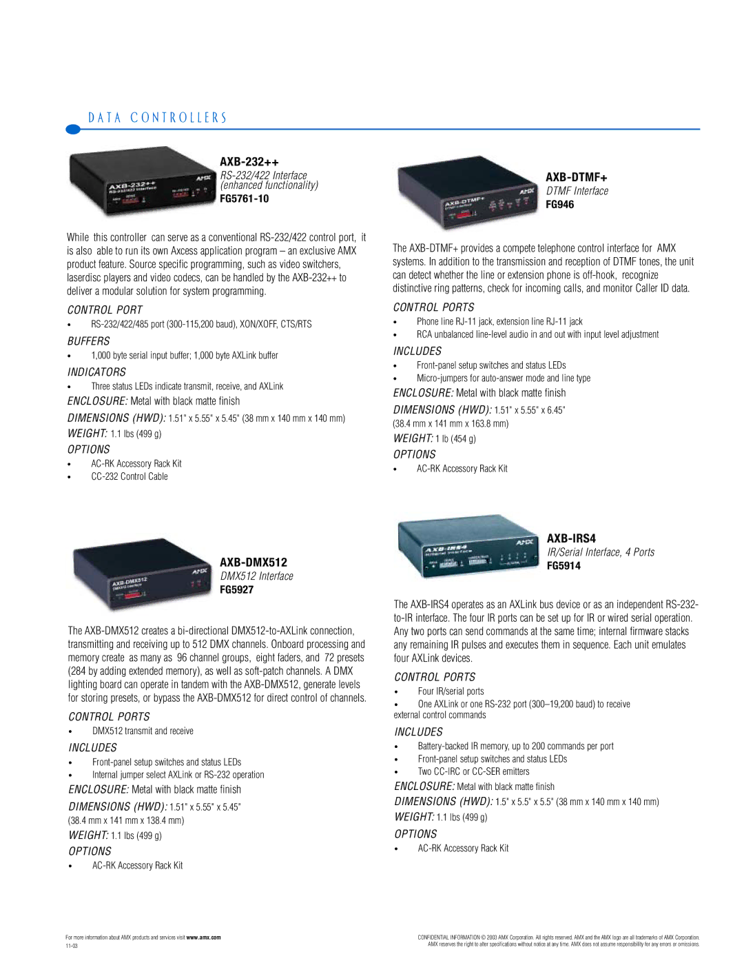 AMX PTM-D15 manual T a C O N T R O L L E R S, AXB-232++, Axb-Dtmf+, AXB-DMX512, AXB-IRS4 