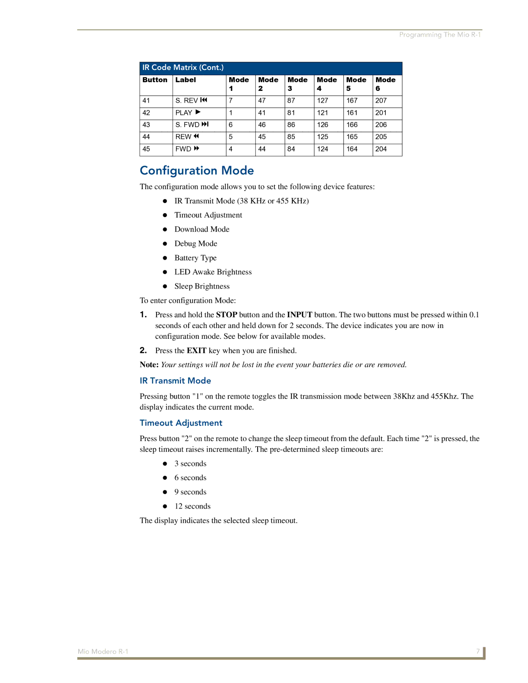 AMX R-1 manual Configuration Mode, IR Transmit Mode, Timeout Adjustment 