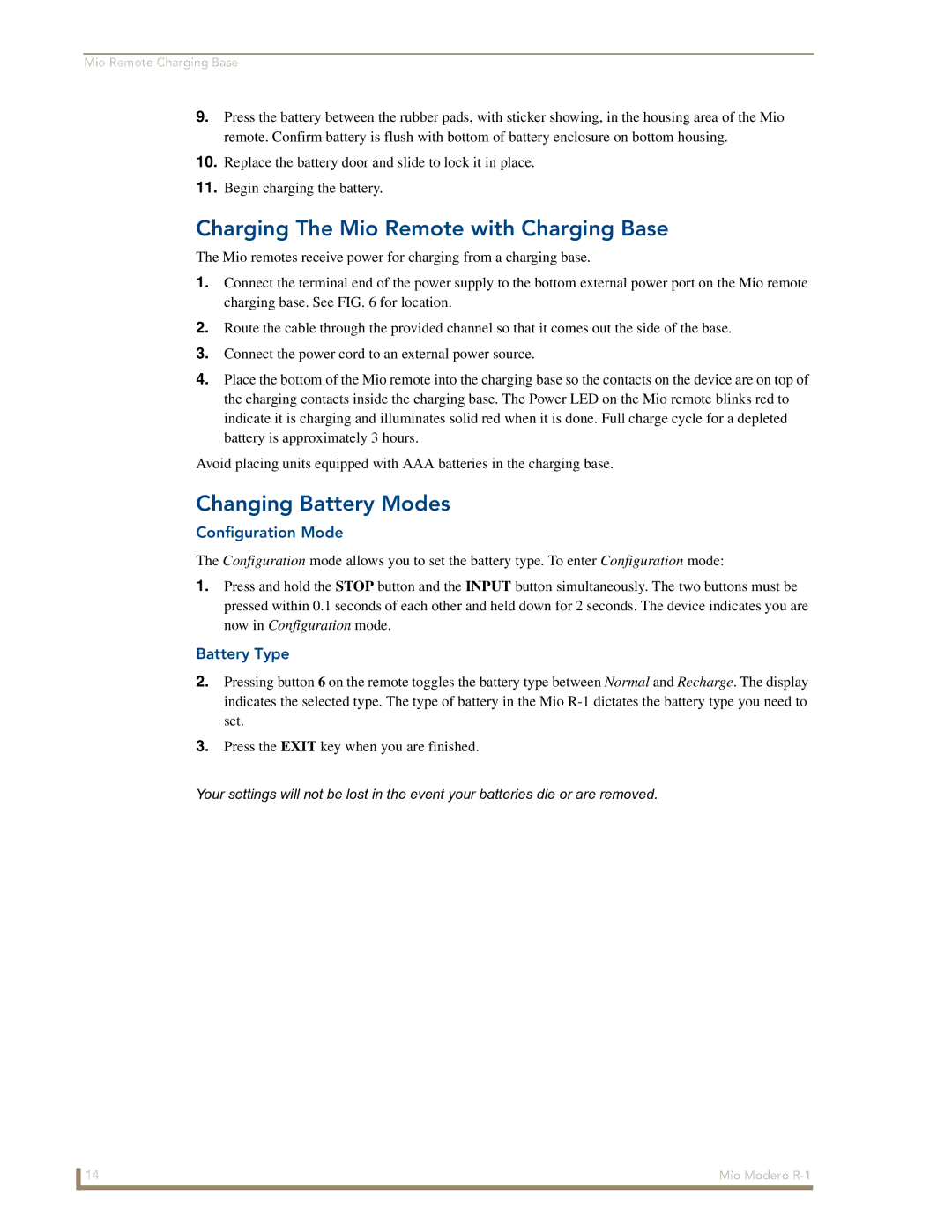 AMX R-1 manual Charging The Mio Remote with Charging Base, Changing Battery Modes, Configuration Mode 