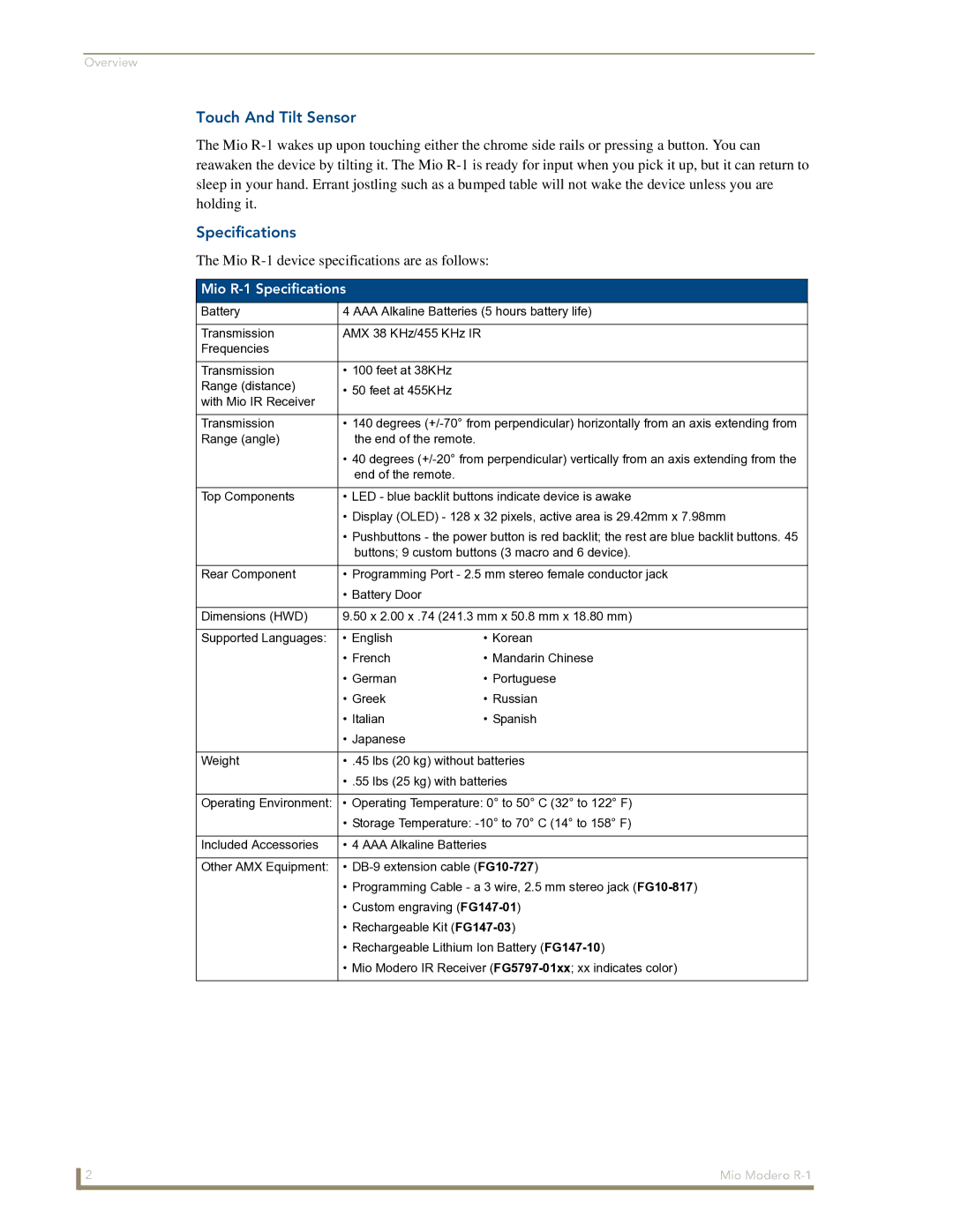 AMX R-1 manual Touch And Tilt Sensor, Specifications 