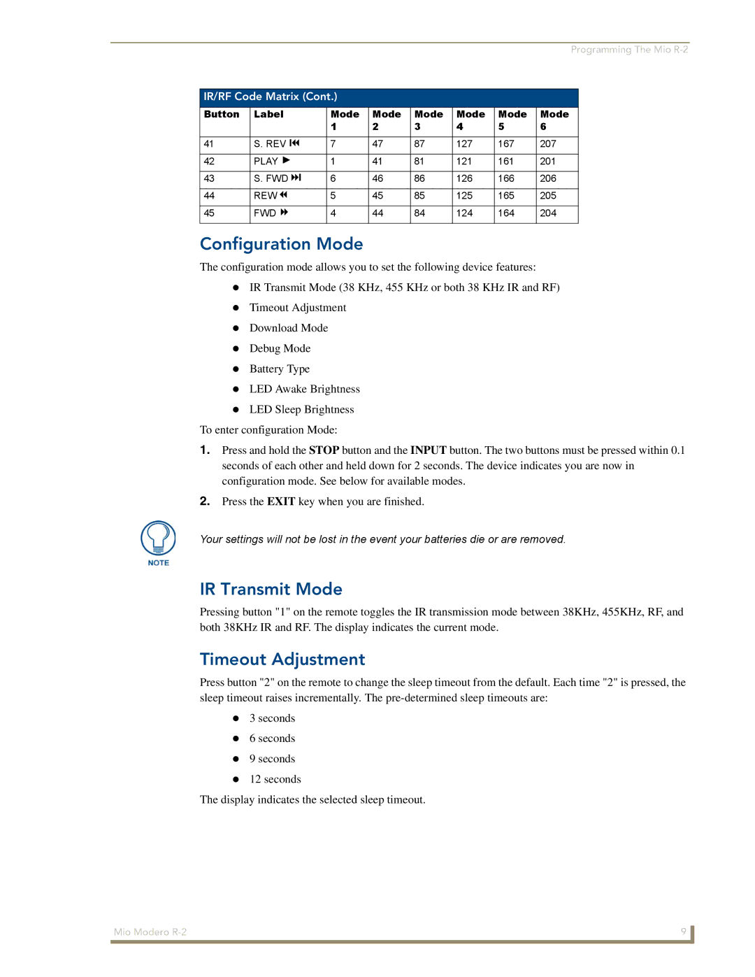 AMX R-2 manual Configuration Mode, IR Transmit Mode, Timeout Adjustment 