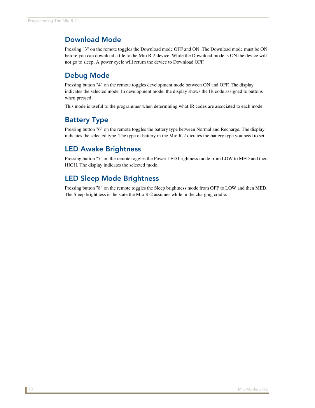 AMX R-2 manual Download Mode, Debug Mode, Battery Type, LED Awake Brightness, LED Sleep Mode Brightness 