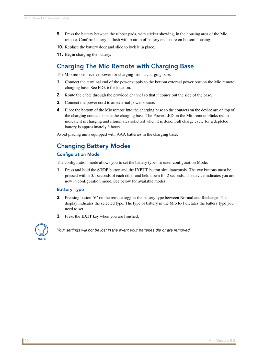 AMX R-2 manual Charging The Mio Remote with Charging Base, Changing Battery Modes 