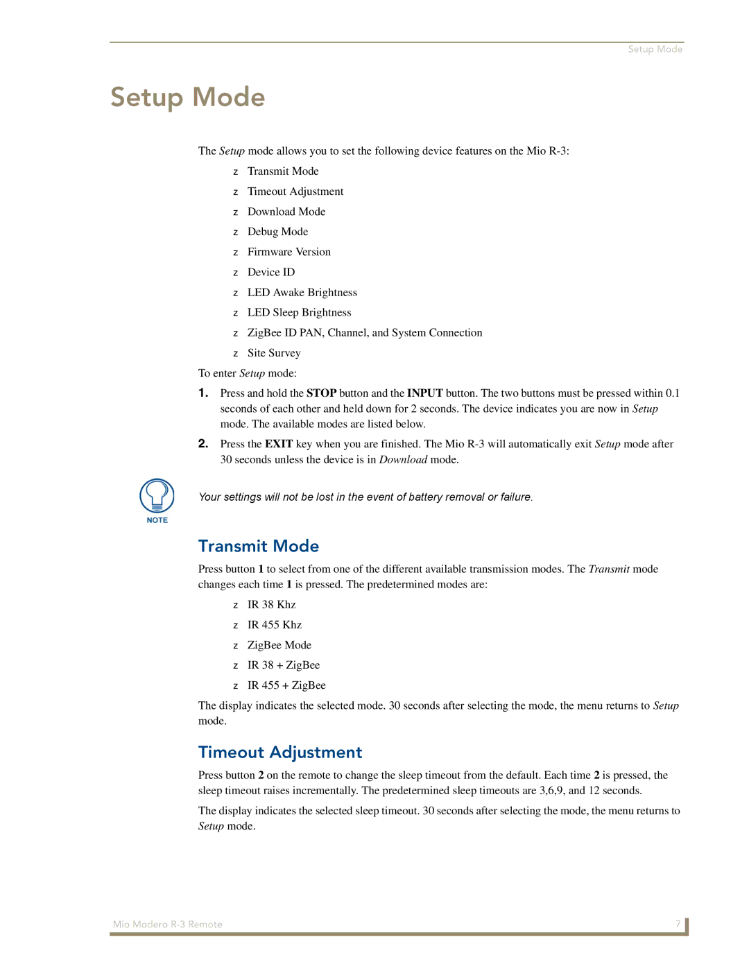 AMX R-3 manual Setup Mode, Transmit Mode, Timeout Adjustment 