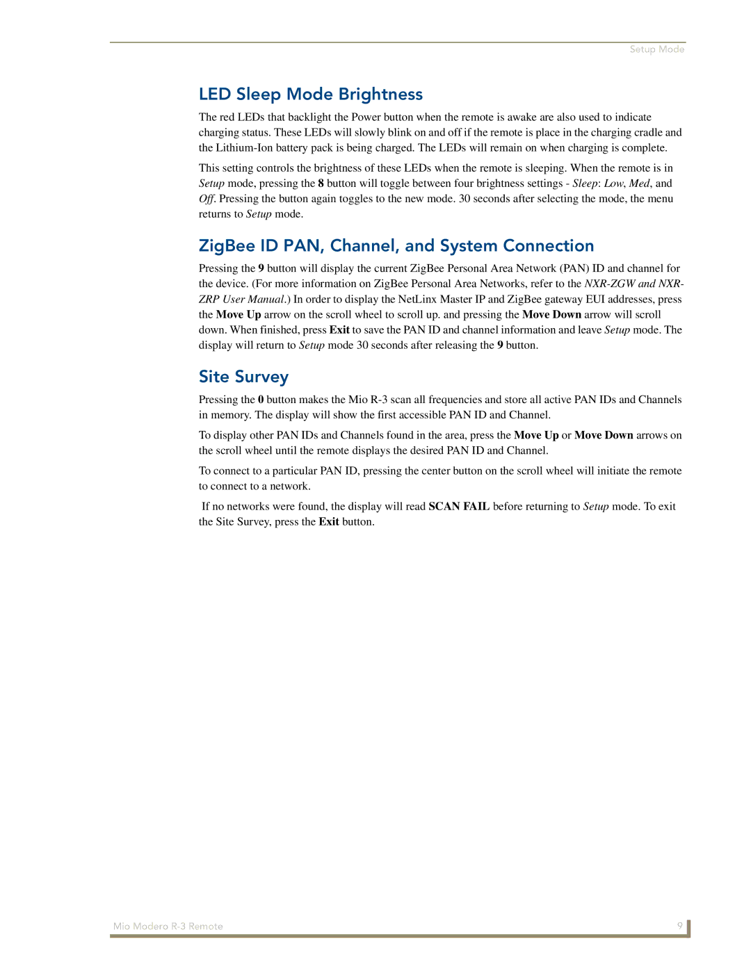 AMX R-3 manual LED Sleep Mode Brightness, ZigBee ID PAN, Channel, and System Connection Site Survey 