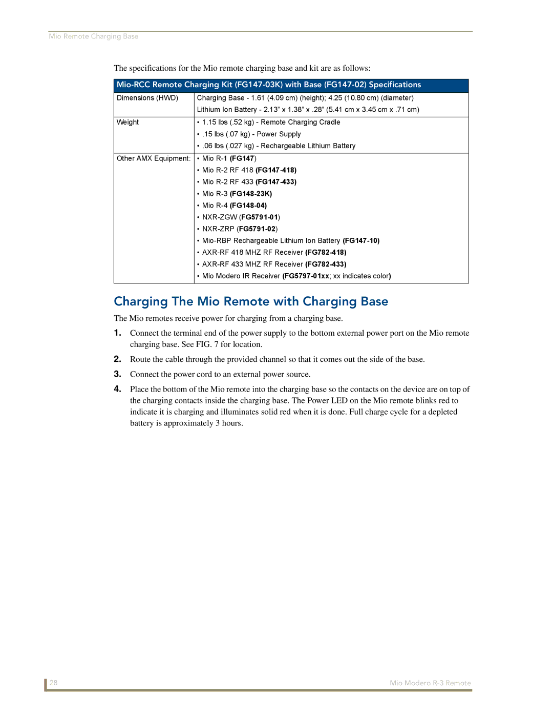 AMX R-3 manual Charging The Mio Remote with Charging Base, FG148-04 
