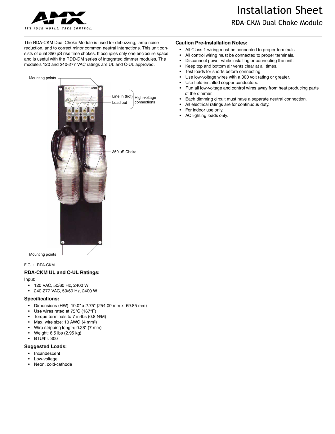 AMX specifications Installation Sheet, RDA-CKM Dual Choke Module, RDA-CKM UL and C-UL Ratings, Specifications 