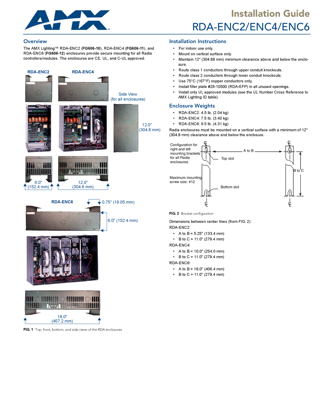 AMX ENC6, RDA-ENC2, ENC4 installation instructions Overview, Installation Instructions, Enclosure Weights 