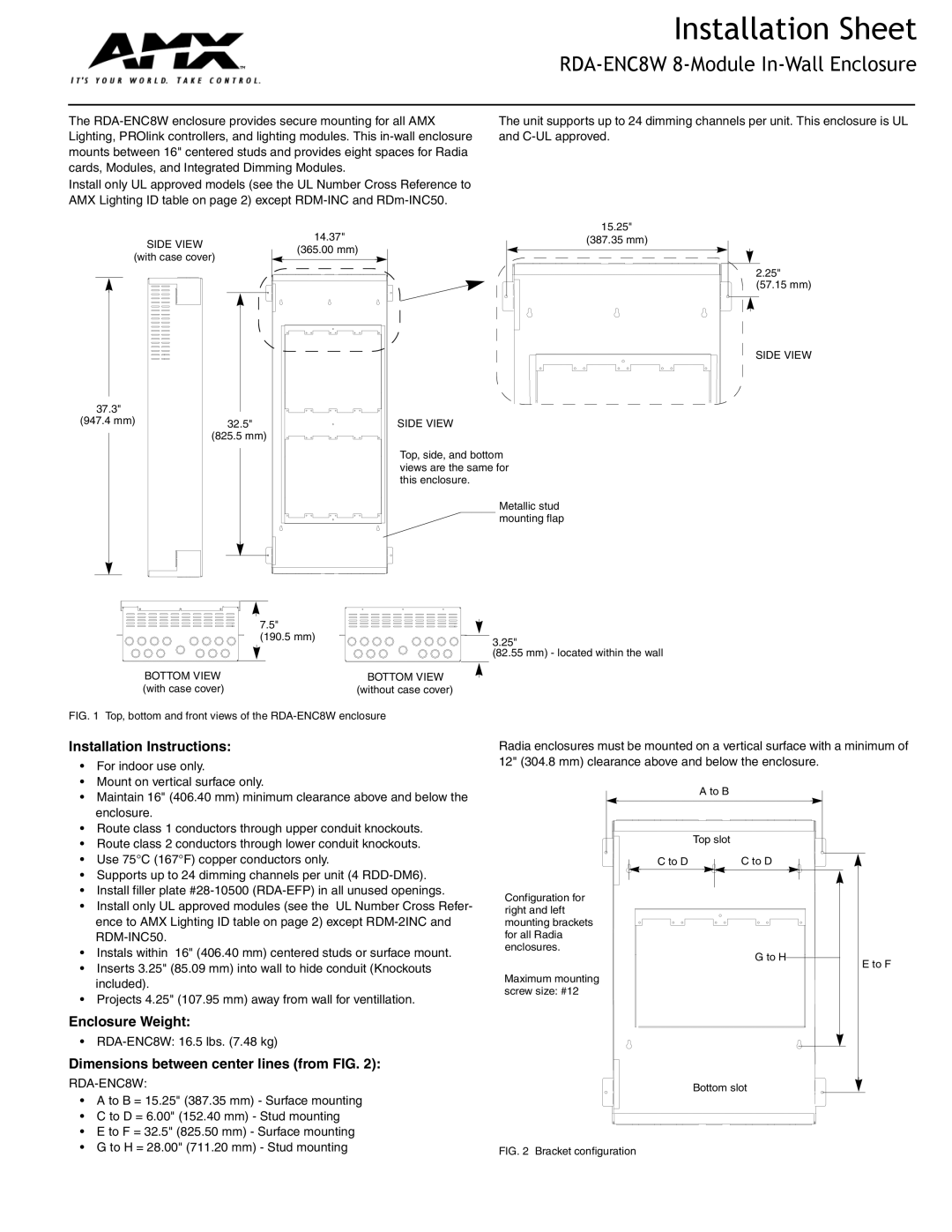 AMX installation instructions Installation Sheet, RDA-ENC8W 8-Module In-Wall Enclosure, Installation Instructions 