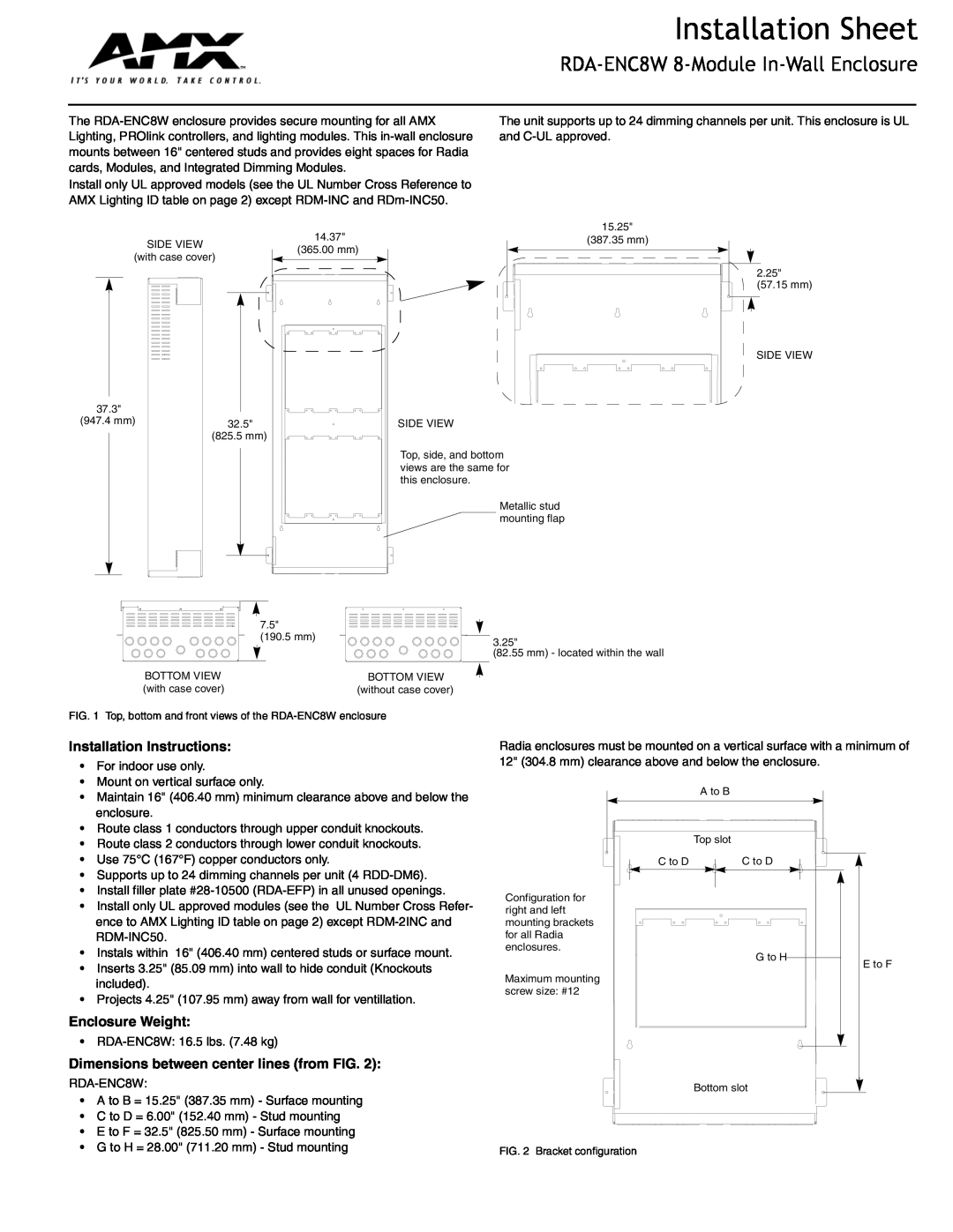 AMX installation instructions Installation Sheet, RDA-ENC8W 8-Module In-Wall Enclosure, Installation Instructions 