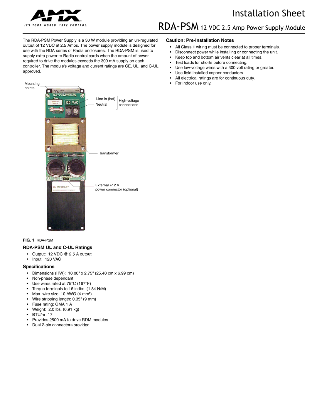 AMX specifications Installation Sheet, RDA-PSM12 VDC 2.5 Amp Power Supply Module, RDA-PSM UL and C-UL Ratings 