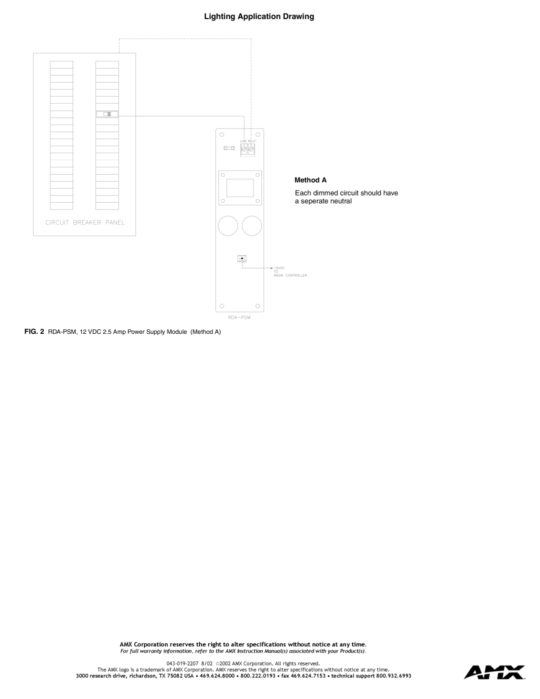 AMX RDA-PSM specifications Lighting Application Drawing, Method a, Each dimmed circuit should have a seperate neutral 