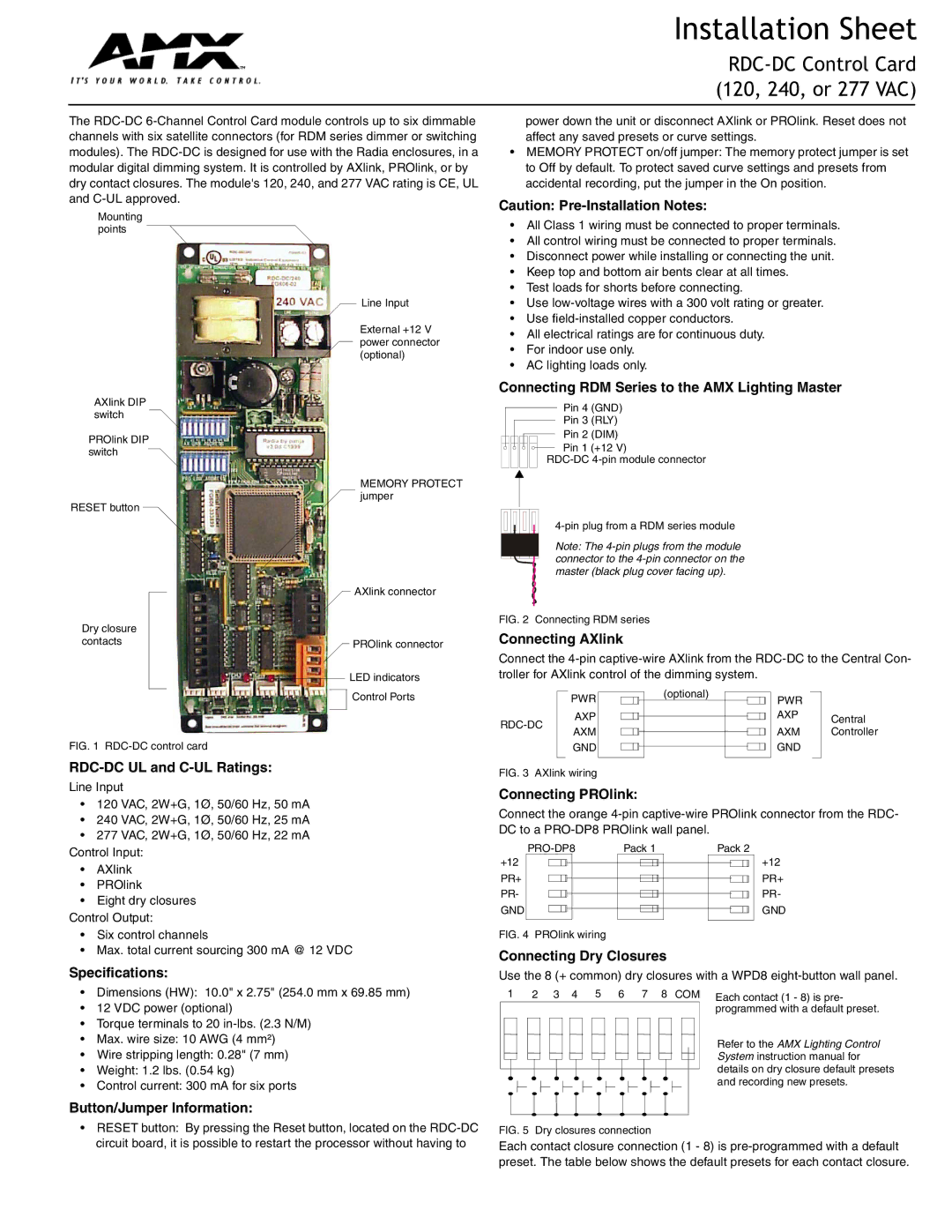 AMX specifications RDC-DC UL and C-UL Ratings, Specifications, Button/Jumper Information, Connecting AXlink 