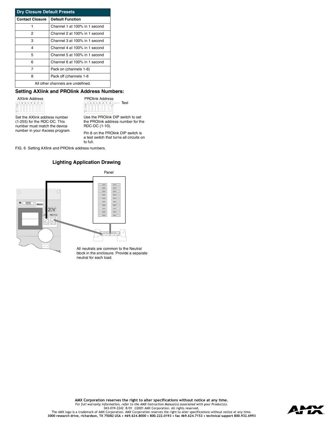 AMX RDC-DC specifications Setting AXlink and PROlink Address Numbers, Lighting Application Drawing 