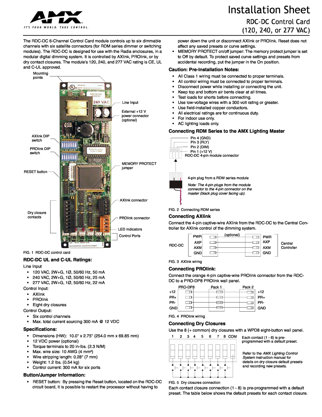 AMX specifications RDC-DC UL and C-UL Ratings, Specifications, Button/Jumper Information, Connecting AXlink 