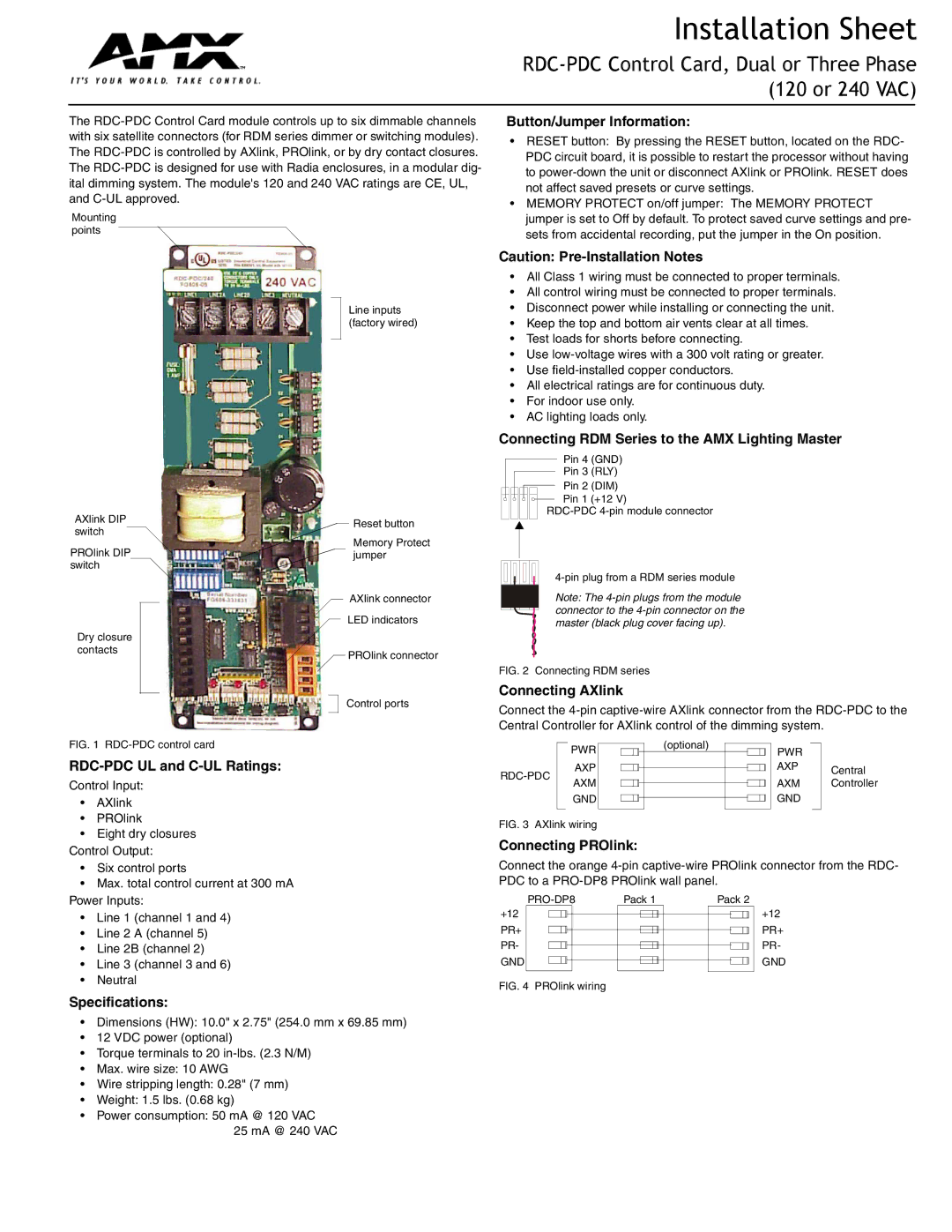 AMX RDC-PDC specifications Button/Jumper Information, Connecting RDM Series to the AMX Lighting Master, Connecting AXlink 