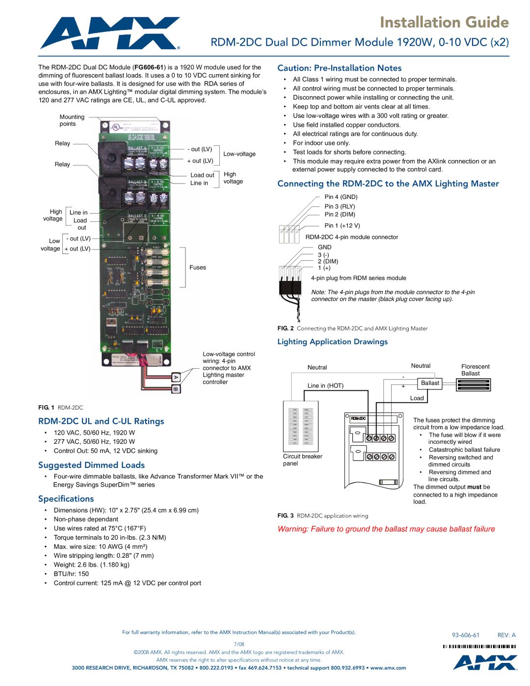 AMX specifications Installation Guide, RDM-2DC Dual DC Dimmer Module 1920W, 0-10 VDC 