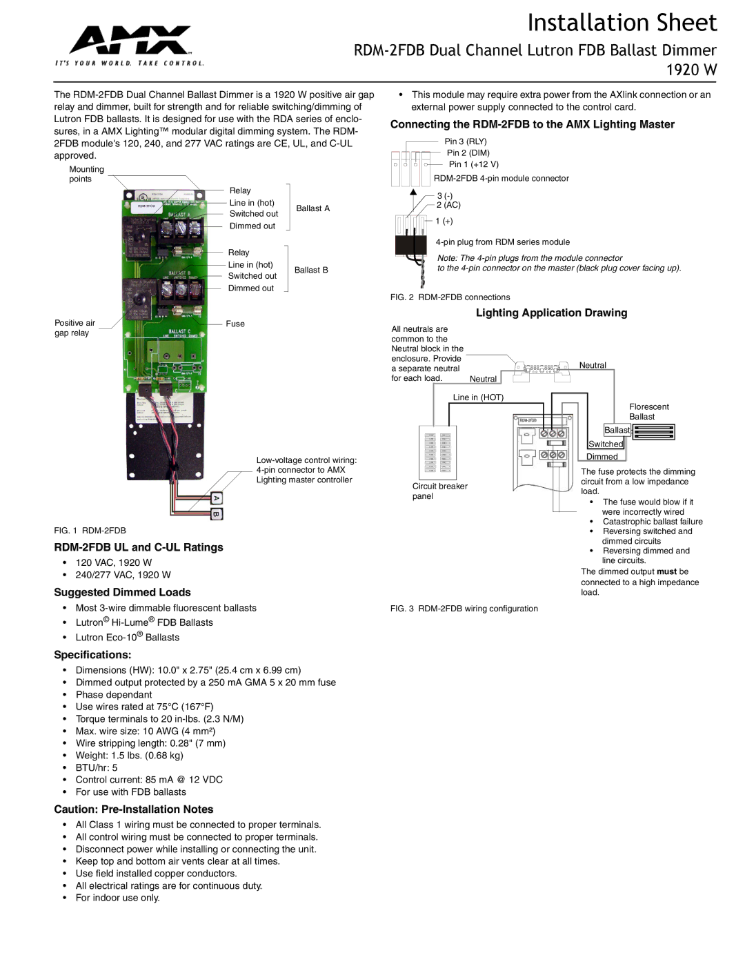 AMX specifications Installation Sheet, RDM-2FDB Dual Channel Lutron FDB Ballast Dimmer 1920 W 