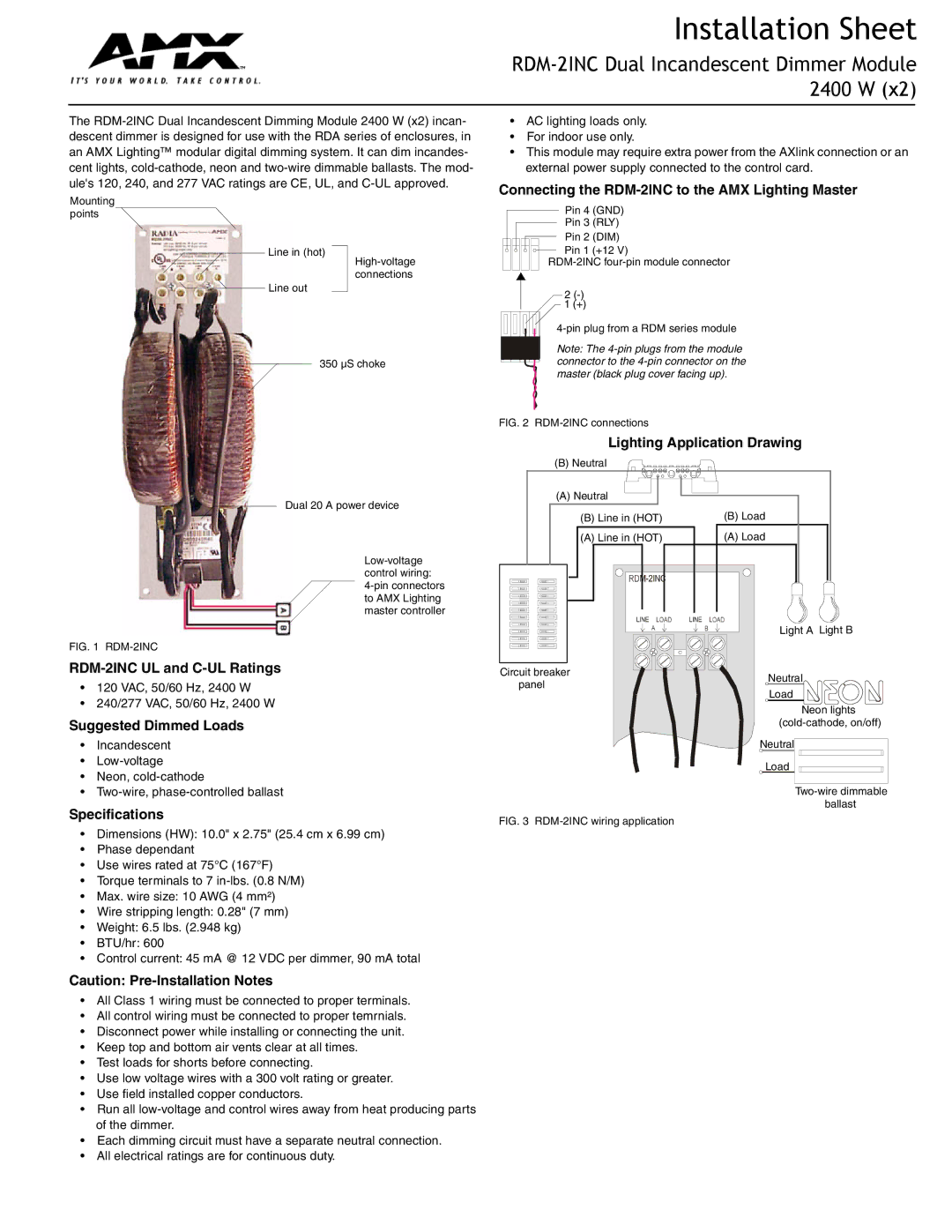 AMX specifications Installation Sheet, RDM-2INC Dual Incandescent Dimmer Module 2400 W 