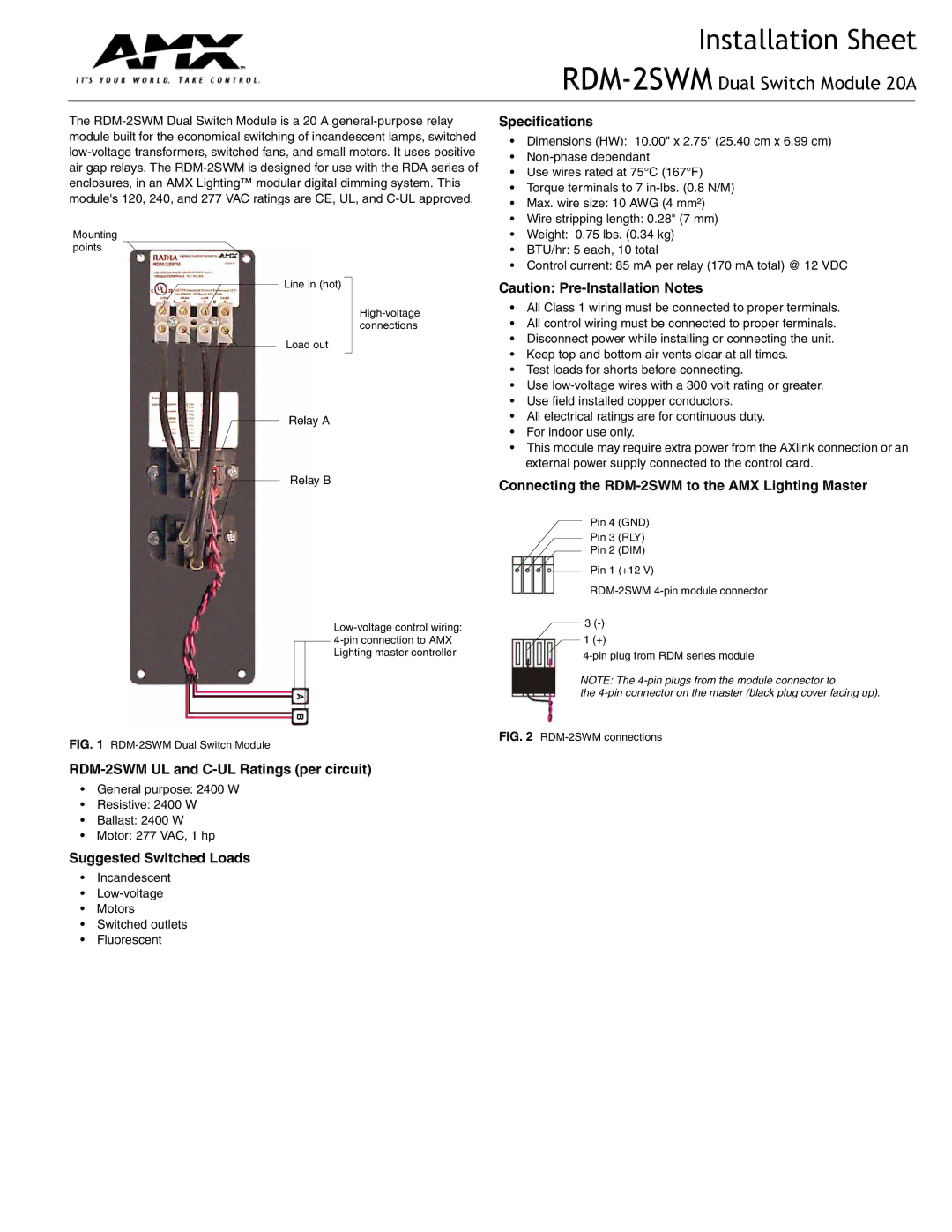 AMX specifications Installation Sheet, RDM-2SWMDual Switch Module 20A 