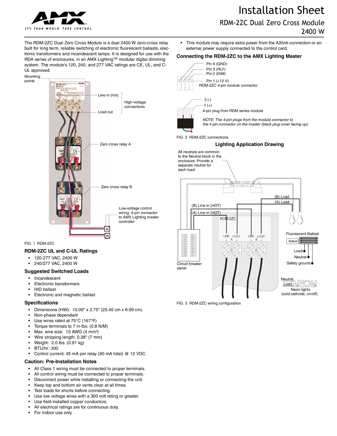 AMX specifications Installation Sheet, RDM-2ZC Dual Zero Cross Module 2400 W 