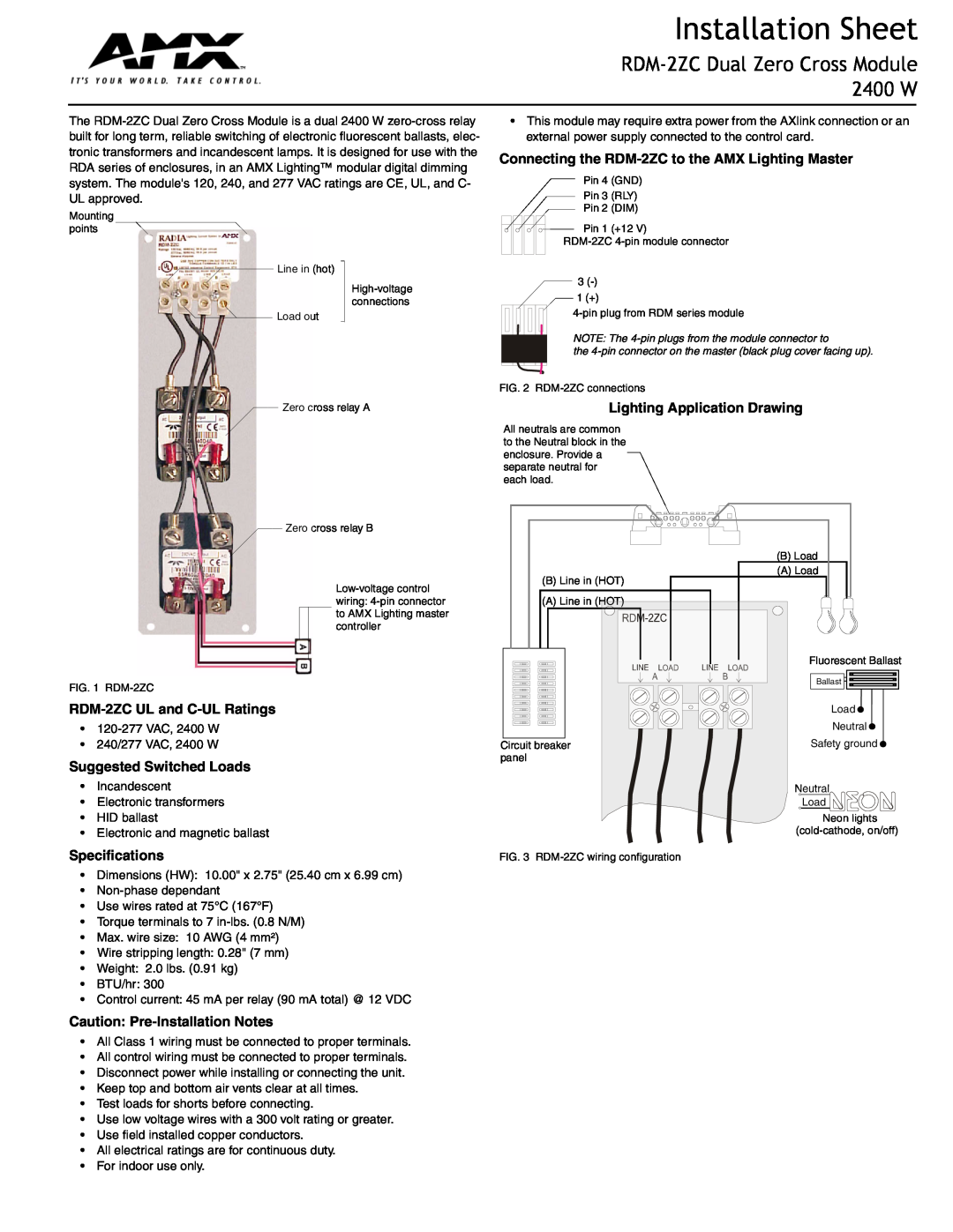 AMX specifications Installation Sheet, RDM-2ZC Dual Zero Cross Module 2400 W, Lighting Application Drawing 