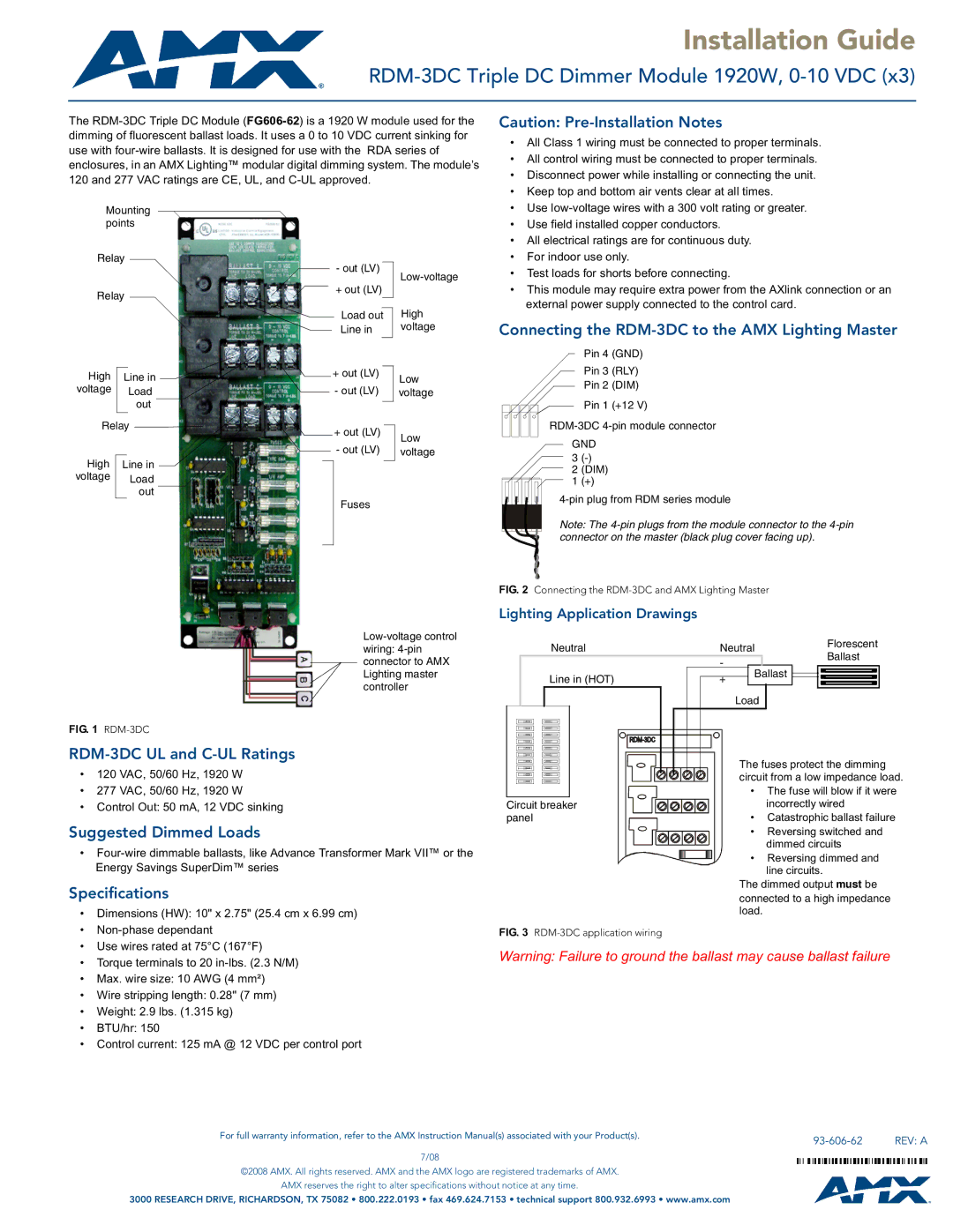 AMX specifications Installation Guide, RDM-3DC Triple DC Dimmer Module 1920W, 0-10 VDC 