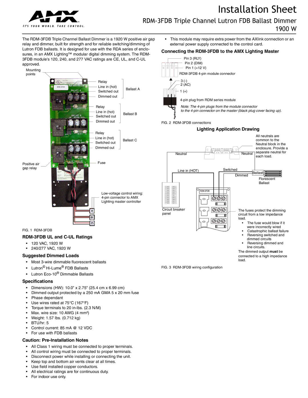 AMX specifications Installation Sheet, RDM-3FDB Triple Channel Lutron FDB Ballast Dimmer 1900 W 