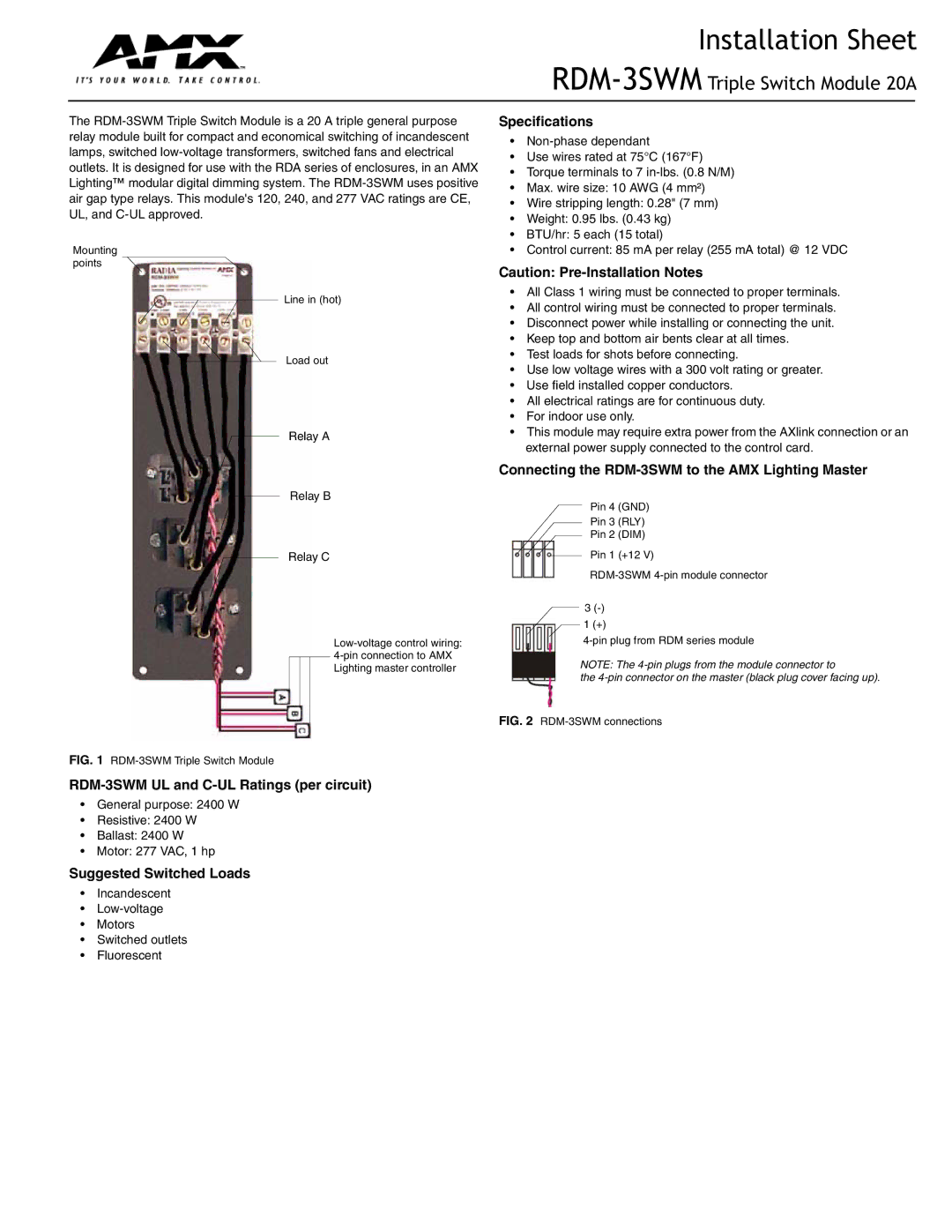 AMX specifications Installation Sheet, RDM-3SWMTriple Switch Module 20A 