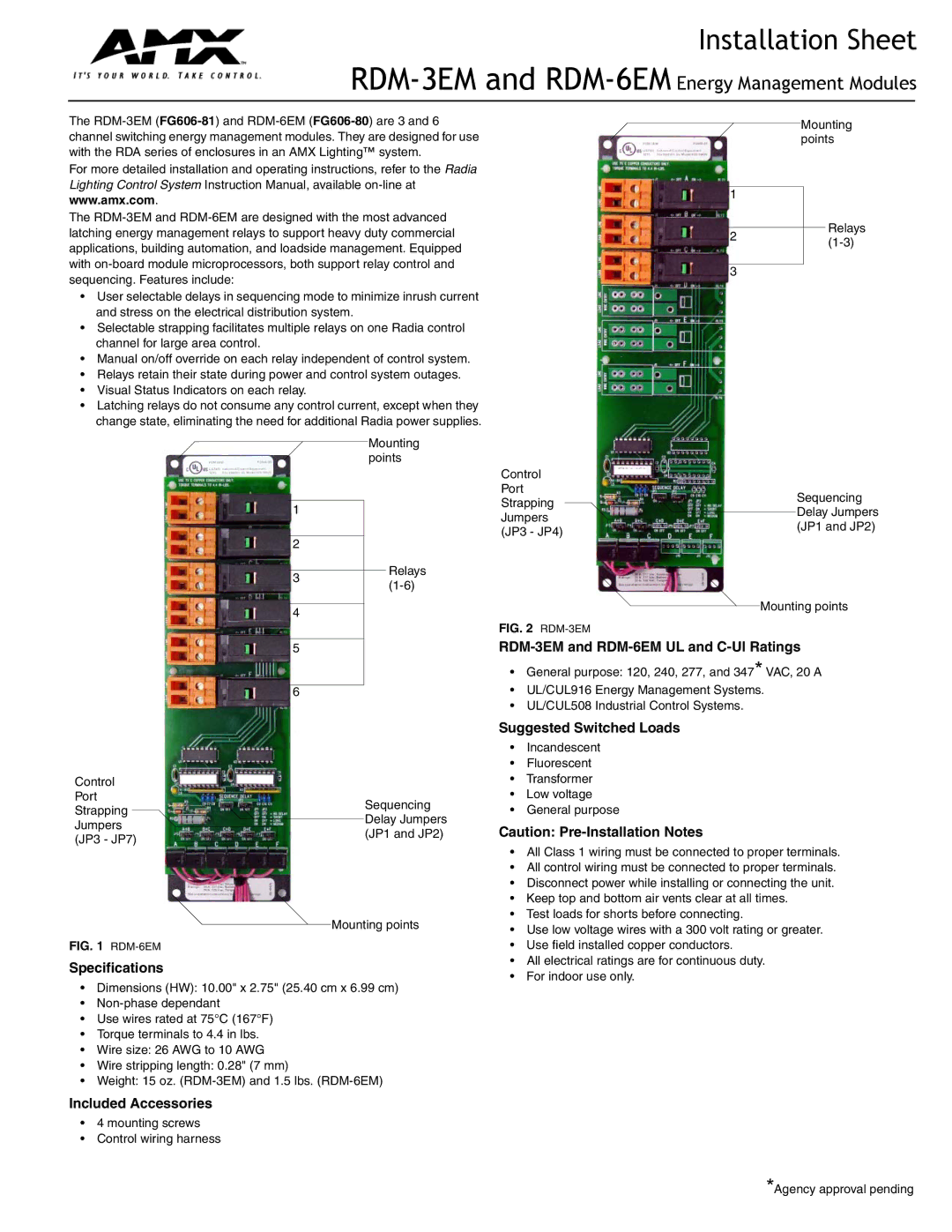 AMX specifications Specifications, RDM-3EM and RDM-6EM UL and C-Ul Ratings, Suggested Switched Loads 