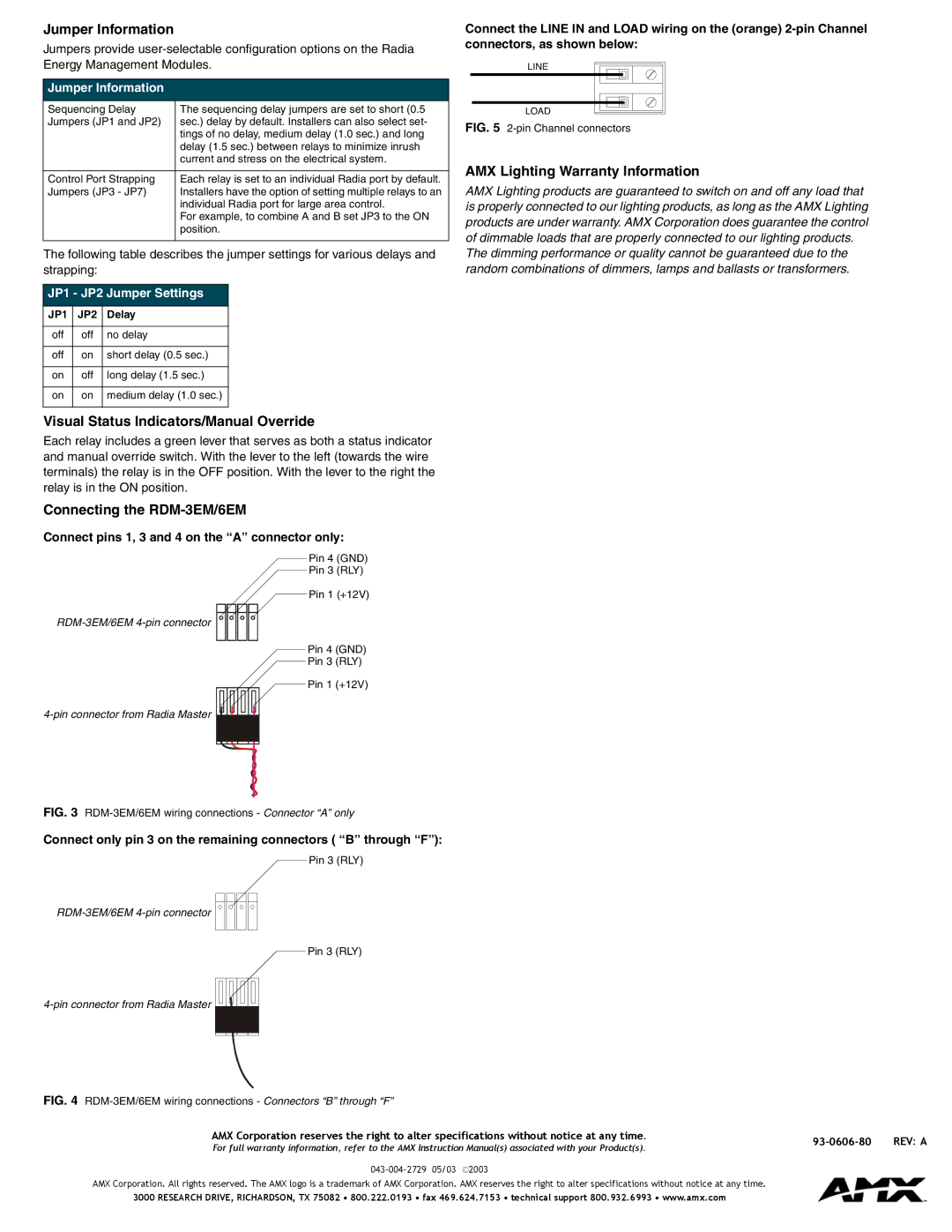 AMX RDM-6EM specifications Jumper Information, Visual Status Indicators/Manual Override, Connecting the RDM-3EM/6EM 